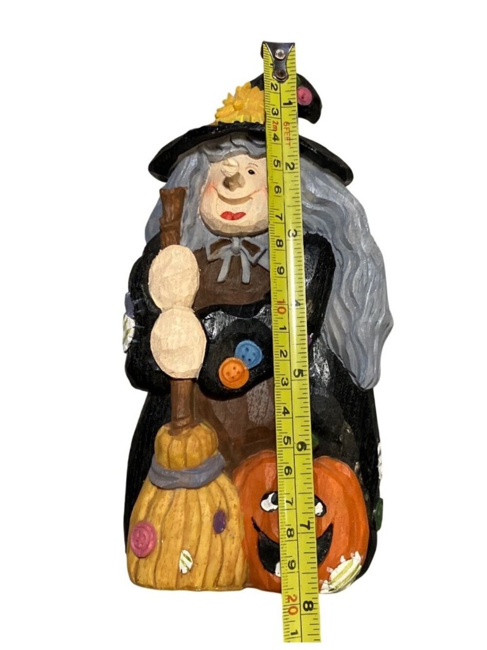 Hand Painted Halloween Witch Figurine With Broom & Pumpkin Rustic Fall Decor - Picture 11 of 11